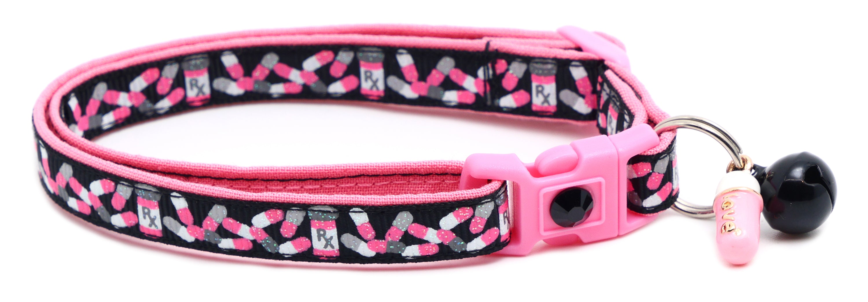 Handmade Pills Breakaway Cat Collar in reinforced cotton with adjustable sizes and breakaway clip for safety.